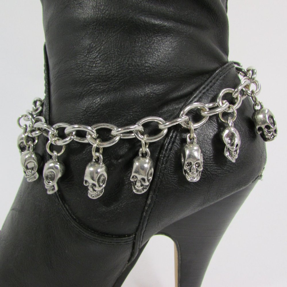 Women black metal boot chain bracelet mini skulls charm anklet skeleton style